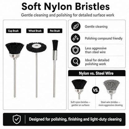 Soft Nylon Bristle Brushes Cup Wire Brush Set Cleaning Polishing Accessories 2.35mm Shank for Rotary Drill Tools Pack of 30 Pieces