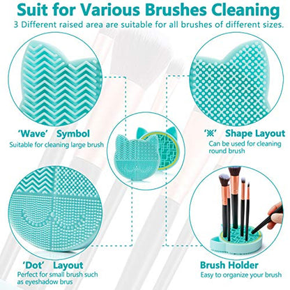 TailaiMei 2 in 1 Makeup Brush Cleaning Mat With Drying Holder, Silicon Cat Shaped Cleaner Pad, Cosmetic Organizer Rack, Portable Washing Tool for Makeup (Green) - color: Green, Cleaner sponge with brush holder