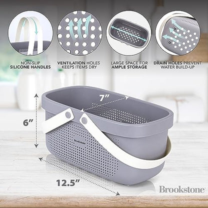 Brookstone Modern Large Portable Shower Caddy with Soft Silicone Carrying Handle, Bathroom Organizer Basket, Plastic Bath Tote and Shower Organizer, Quick Dry Drainage Holes, BPA Free, Grey - color: Gray / Charcoal