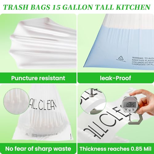 Trash Bags 15 Gallon Tall Kitchen Drawstring Garbage Bags,Fit 13-15 Gal Bins,Extra Strong&Leak-Proof,Unscented&Recyclable Trash Can Liners for Home Office Industrial Bathroom Garden Lawn - style: 13-15 Gallon-White