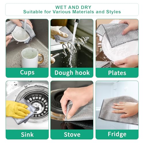 10Pcs Multipurpose Wire Dishwashing Rag, Reusable Non-Scratch Wire Dishcloth, Metal Dish Cloth Wet and Dry for Kitchen Cleaning, Sinks, Dishes, Stove Top, Dimensions(7.87X7.87)