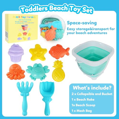 GKDOMS Kids Beach Toys Set with Collapsible Bucket, Sand Molds, Sand Rake and Shovel, Travel Sand Toys Sandplayset for Ages 2-6 (Single Multi) - color: Single Multi
