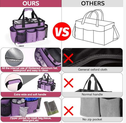 Large Cleaning Caddy Bag Built-in Sturdy Support Board, Cleaning Organizer with Detachable Divider, Cleaning Supply Tote with Adjustable Shoulder Strap&Waist Belt for Cleaners & Housekeeper - color: Purple