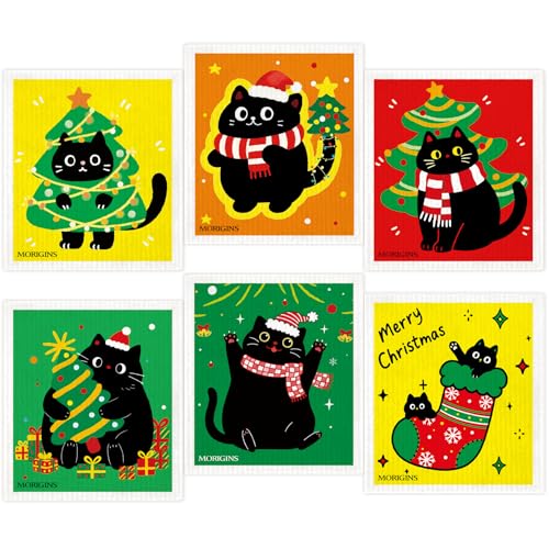 Colorful Christmas Black Cat Swedish Kitchen Towel Winter Snowflake Christmas Bell Absorbent Hand Towel Reusable Quick-Dry Kitchen Cleaning Cloth Cellulose Sponge Cloth 6-Piece Set