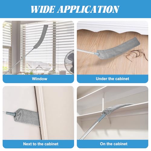 Retractable Gap Dust Cleaner with 15-98 Inch Extension Pole, Flat Duster for Under Appliances and Furniture, Includes 2 Washable Microfiber Pads for High Ceilings and Hard to Reach Spaces