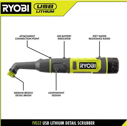 RYOBI USB Lithium Cordless Compact Detail Scrubber KIT W/ 2AH Battery, Charging Cable and 3