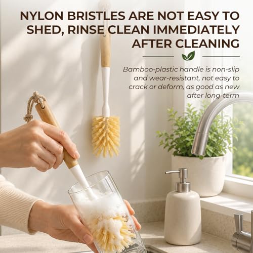 2 Pack Bamboo Bottle Brush - 11.4” Long Handle Water Bottle Cleaner Brush with Odorless Nylon Bristle, Bottle Scrubber Brush for Cleaning Mug, Glass, Sports Bottle
