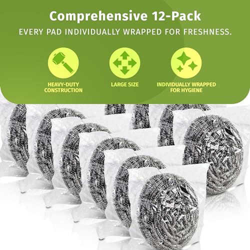 VELORA Stainless Steel Cleaner Scouring Pads [12 Pack] - Industrial & Commercial Strength Large Cleaning Supplies Dish Sponge - Individually Wrapped 30 Gram