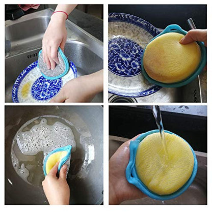 Dual Action Kitchen Cleaning Microfiber Scouring Scrubber, Round Dish Washing Sponge, 10 Pack (Blue) - color: Blue