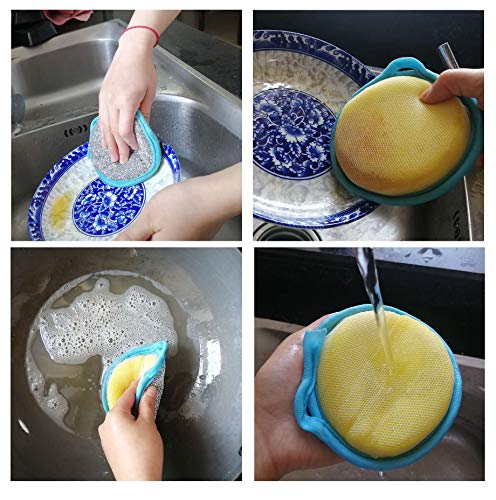 Dual Action Kitchen Cleaning Microfiber Scouring Scrubber, Round Dish Washing Sponge, 10 Pack (Yellow) - color: Yellow