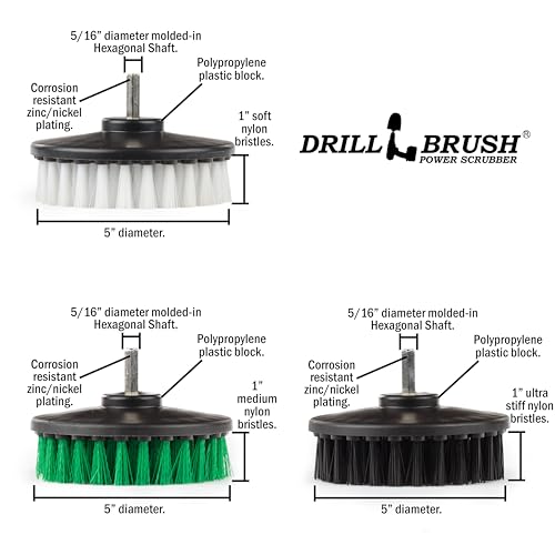 Drillbrush 3 Brush Kit - Drill Brush Cleaning Supplies - White Soft for Leather, Glass, Carpet - Green Medium for Kitchen, Bathroom, Tub, Sinks, Flooring - Black Ultra Stiff for Garage Floors, Stone