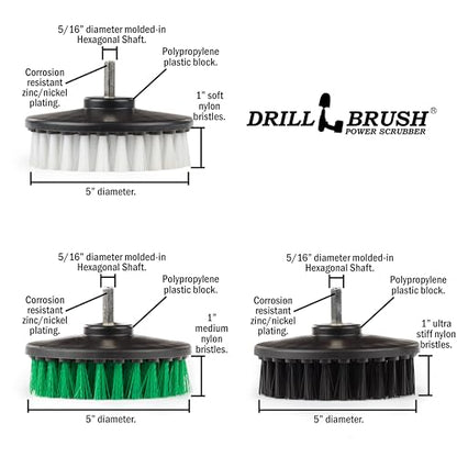 Drillbrush 3 Brush Kit - Drill Brush Cleaning Supplies - White Soft for Leather, Glass, Carpet - Green Medium for Kitchen, Bathroom, Tub, Sinks, Flooring - Black Ultra Stiff for Garage Floors, Stone