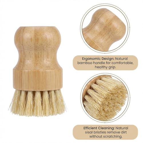 2 Pack Bamboo Dish Scrub Brush with Bamboo Pan Scraper Pot Scraper Non-Scratch Dish Scrapers Kitchen Cleaning Tools for Cast Iron Skillets, Cookware, Dishes, Pans Bowls, Plates and Pots