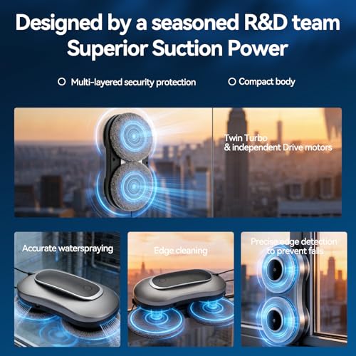Window Cleaning Robot X11 Pro with Dual-Spray System 70ml Water Tank 3000Pa Strong Suction Auto Edge Detection 2 Cleaning Modes Remote Control for Frameless & Framed Glass