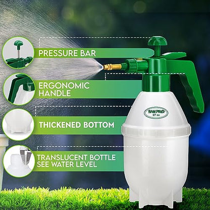 Garden Pump Sprayer, Handheld Bottle Mist Water Sprayer, Hand Pressure Home Cleaning Plant Lawn Sprayer w/ Safety Valve & Adjustable Bronze Nozzle, 1 Liter/1 QT/.26 Gallon/34 Ounces/1000 ml –By Rampro - size: 27oz