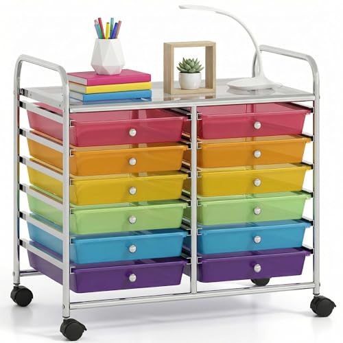 COSTWAY 12-Drawer Rolling Storage Cart, Utility Storage Organizer Cart for Tools, Scrapbook, Paper, Craft, Multipurpose Art Supply Organizer on Wheels for Home Office School, Teacher, Rainbow - color: Rainbow, size: 25"L x 15"W x 24.5”H (12 Drawer)
