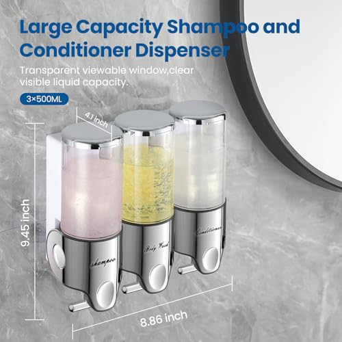 Shampoo and Conditioner Dispenser,Dispensers for The Shower,Shower Soap Dispenser 3 Chamber No Drill,Shampoo Conditioner Body Wash Dispenser Wall Mount for Bathroom(Triple x 17.6 oz,Clear) - color: Clear