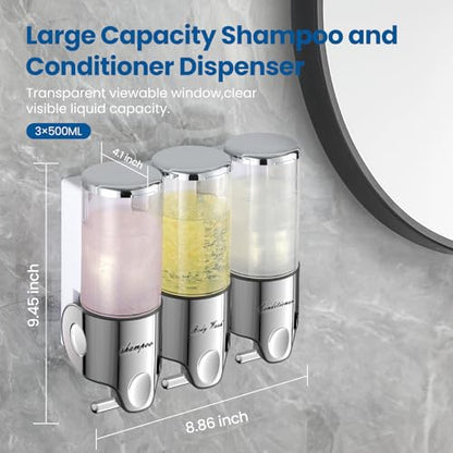 Shampoo and Conditioner Dispenser,Dispensers for The Shower,Shower Soap Dispenser 3 Chamber No Drill,Shampoo Conditioner Body Wash Dispenser Wall Mount for Bathroom(Triple x 17.6 oz,Clear) - color: Clear