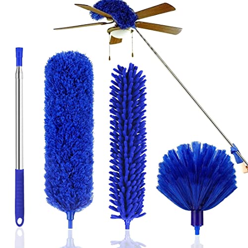 Microfiber Duster Kit High Reach Ceiling Fan Duster with Extendable Pole 100" Telescoping Cobweb Duster for Cleaning, Bendable Head Washable Duster for Ceiling, Fan, Furniture - style: 3PC Duster Kit BLUE