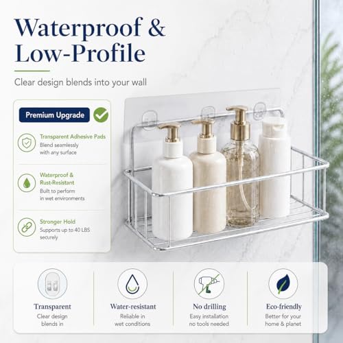 Strong Adhesive Shower Caddy Replacement, 8 Pack No Drill Adhesive Hooks for Bathroom & Kitchen Rack, Holds 40lbs, Waterproof & Transparent Strips for Tile, Glass, Smooth Walls - color: Transparent 8 PCS