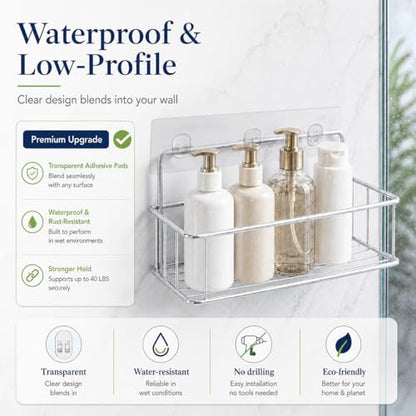 Strong Adhesive Shower Caddy Replacement, 8 Pack No Drill Adhesive Hooks for Bathroom & Kitchen Rack, Holds 40lbs, Waterproof & Transparent Strips for Tile, Glass, Smooth Walls - color: Transparent 8 PCS