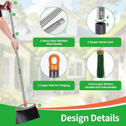 2 Pack Stiff Bristle Broom for Sweeping Indoor, Heavy Duty Broom with Collapsible Handle, Ideal for Indoor Outdoor Hardwood Floors Kitchen Salon Camping Cat Pets Hair Home Room Office, Gray - size: Unflagged Bristle-2 Pack