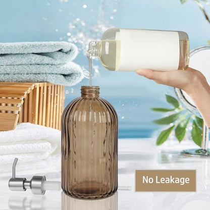 14Oz Brown Soap Dispenser Bathroom, Clear Glass Hand Soap Dispensers with Stainless Steel Pump, Refillable Dish Soap Dispenser for Kitchen, Countertop Soap Dispensers - color: Brown