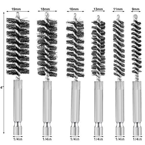Patelai 6 Pcs Stainless Steel Wire Bore Brush Different Size Twisted Cleaning Brush with Handle 1/4 Inch Hex Shank for Power Drill Impact Driver (9/ 11/ 13/ 16/ 18/ 19 mm) - size: 9/ 11/ 13/ 16/ 18/ 19 mm