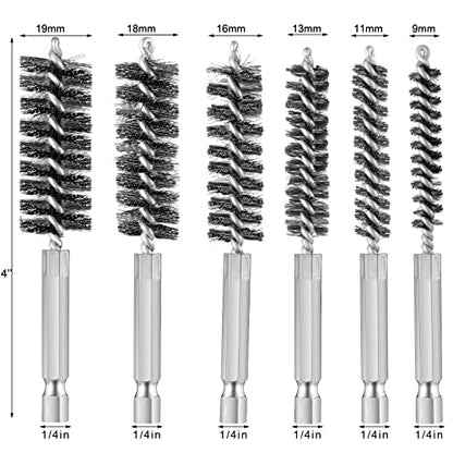Patelai 6 Pcs Stainless Steel Wire Bore Brush Different Size Twisted Cleaning Brush with Handle 1/4 Inch Hex Shank for Power Drill Impact Driver (9/ 11/ 13/ 16/ 18/ 19 mm) - size: 9/ 11/ 13/ 16/ 18/ 19 mm