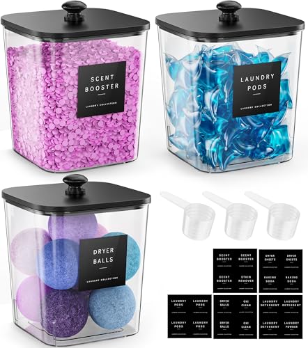 Moforoco 3 Pcs Laundry Pods Container, Clear Laundry Room Organization Containers,Large Detergent Powder Storage, Black Wooden Lids & Labels - color: Black, size: 3 pack