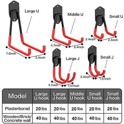 WALMANN 12 PCS Garage Storage System Hooks, Wall Mount Heavy Duty Rubber Coated Utility Hooks for Garden Tools, Ladders, Cords, Folding Chairs, Weed Eaters, Shovels and Rakes