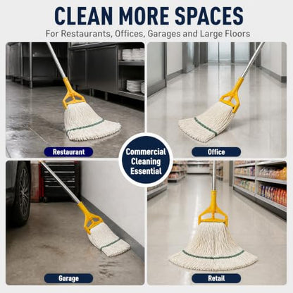 2 Pack 20 Oz Commercial Cotton Mop with 63” Stainless Steel Handle, Heavy Duty Industrial Wet Mop for Floor Cleaning, Commercial Grade Mop for Home, Office, Garage, Tile & Hardwood Floors