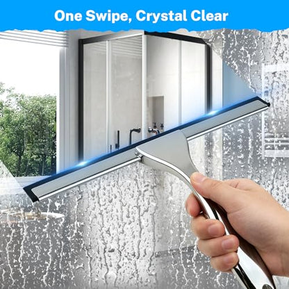 All-Purpose Stainless Steel Squeegee, 10 Inch Silver Shower Squeegee with 1 Adhesive Hooks, Streak-Free Silicone Blade for Shower Door, Window, Car, Tile Wall, Bathroom Household Cleaning Tool