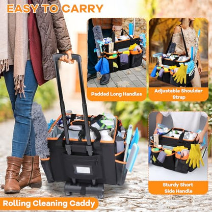 COVKEV Rolling Cleaning Caddy with Wheels& Built-in Board, Extra Large Cleaning Caddy Bag with Detachable Trolley, Water Resistant Lining Cleaning Supplies Organizer on Wheels for Housekeepers (Black)