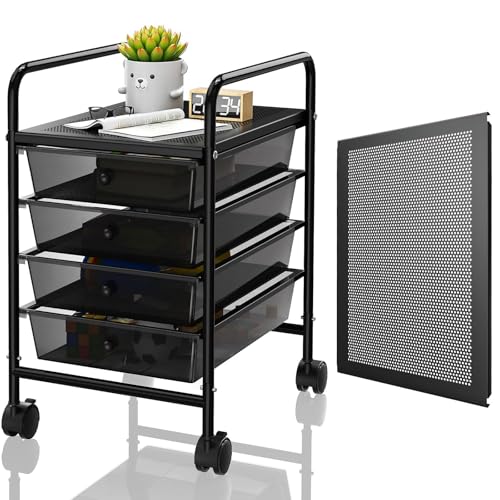 4-Tier Utility Cart with 4 Drawers, Rolling Utility Cart with 2 Lockable Caster Wheels, Multipurpose Mobile Rolling Drawer Cart for Office Bathroom Kitchen, Transparent Black - size: Black, 4-Tier