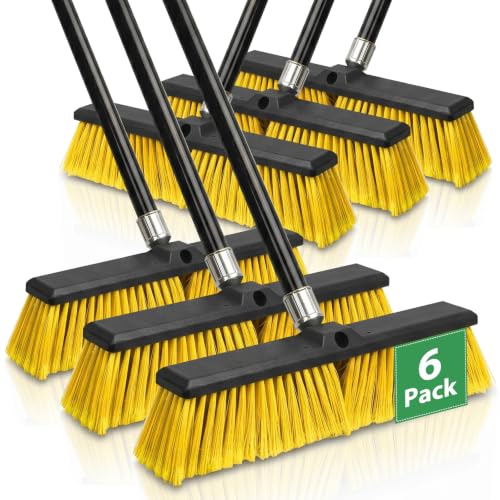 6 Pack 18" Push Broom Outdoor, Heavy Duty Broom with 62" Long Handle, Stiff Bristle Garage Broom for Patio Deck Driveway Concrete Floor Shop Warehouse Cleaning - color: Yellow 6 Pack, size: 18Inch