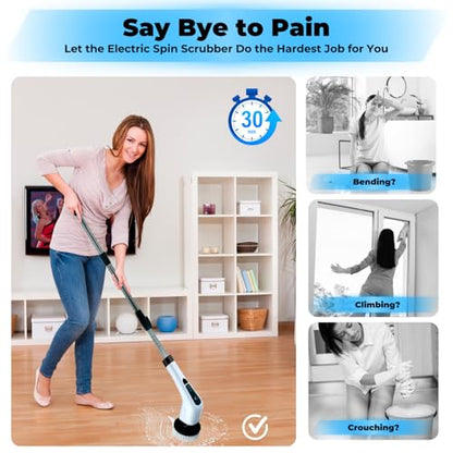 Electric Spin Scrubber with Digital Display, Cordless Cleaning Brush, 3000mAh Battery (90 Min), 8 Replaceable Brush Heads, Adjustable Extension Handle, Dual Speed Power Scrubber for Tub, Tile & Floor