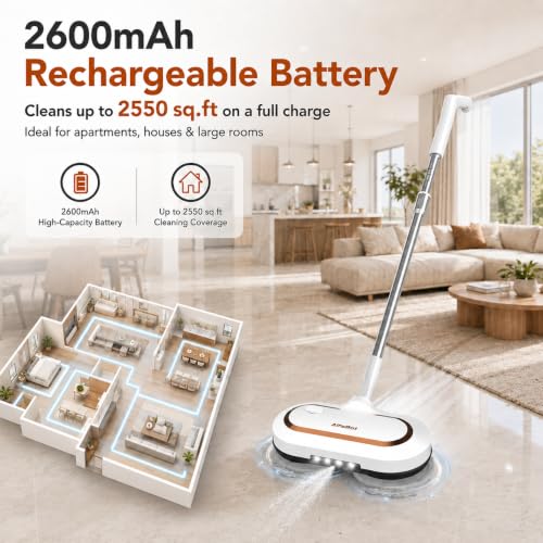 AlfaBot Cordless Electric Mop, Dual Spin Power Floor Cleaner with LED Headlight and Water Spray, 60-Min Runtime Self-Propelled Mop with Adjustable Tube for Hardwood, Tile, Marble and Vinyl Floors