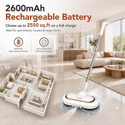 AlfaBot Cordless Electric Mop, Dual Spin Power Floor Cleaner with LED Headlight and Water Spray, 60-Min Runtime Self-Propelled Mop with Adjustable Tube for Hardwood, Tile, Marble and Vinyl Floors
