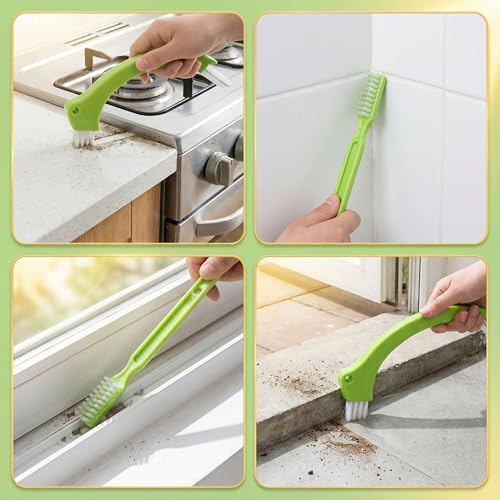 Crevice Cleaning Brush Set, Green 3-Piece Floor Gap and Detail Scrubber Kit with Hand Grip Cleaner and Narrow Angled Head, for Tile Lines, Sink Edges, Baseboards Maintenance