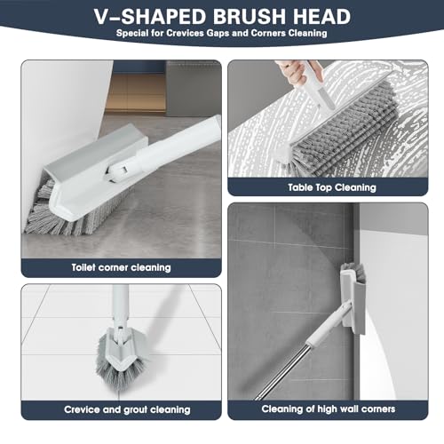 Floor Scrub Brush with Long Handle, 2 in 1 V-Shape Grout Brush with Squeegee + 2 Crevice Cleaning Brushes, Heavy Duty Stiff Bristle Scrubber Brush for Cleaning Shower Bathroom Kitchen Tile