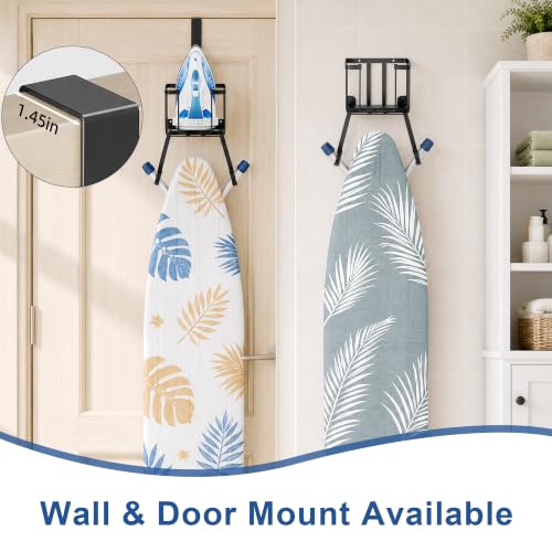 ORLESS Ironing Board Hanger Over Door & Wall Mount, Black | 2 in 1 Heavy Duty Iron Board Holder with Storage Basket, Fits T/Y Boards, Laundry Room Space Saver - color: Black Iron Black Wood