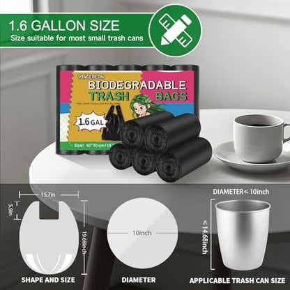 1.6 Gallon Small Trash Bags Bathroom Black, Mini Garbage Bags with Handles,（Fit 1.3-1.5Gal）6 Liter Unscented Wastebasket Liners for Car Office Kitchen, Biodegradable, 100 Count - color: 1.6gal100-BlackWithHandle