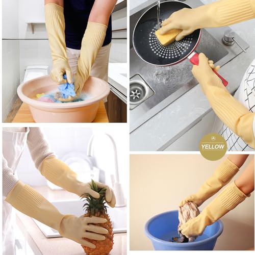 Bamllum 3 Pairs of Rubber Dishwashing Gloves for Kitchen and Household Cleaning – Long Cuff 15", Reusable, Flexible Long-lasting and Non-Slip (Red+Yellow+Green, Medium) - size: M(Best for Small Hands)