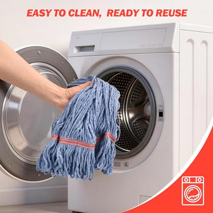 Mop with Strings Industrial Commercial Grade, 60 inch Heavy Duty One-Piece Fiberglass Handle, No Loosening, Built to Last, Reinforced Head Connection, Professional Cotton Mop for Janitorial, Garage