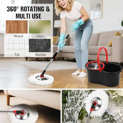 Spin Mop and Bucket with Wringer Set, 360° Spinning Mop Bucket System with 3 Microfiber Mop Replacement Heads and 51" Stainless Steel Adjustable Handle for Floor Cleaning (15QT) - color: Black-4