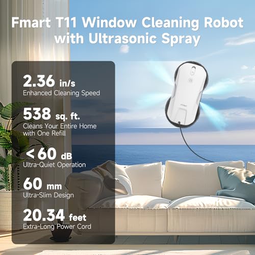 FMART T11 Window Cleaning Robot, Auto 4-Way Water Spray, 5300Pa Strong Suction, High-Speed Cleaning, <60dB Ultra-Quiet, 60mm Slim Window Robot, Smart Navigation, Anti-Drop & 50min UPS Protection