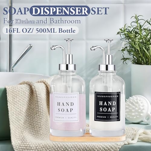 Dish and Hand Soap Dispenser for Kitchen, Glass Soap Dispenser with Pump,Tray,Funnel, Set of 2 Countertop Soap and Lotion Dispenser for Bathroom,Shower,500ml/16.9oz, - color: Ks-5010-34y-2s
