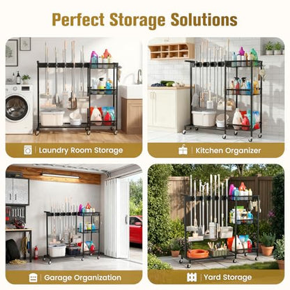 Broom Holder with Cleaning Supplies Organizer, Cleaning Utility Cart on Wheels, 10 Clips & 7 Hooks, 3-Tier Shelves, Broom Closet Storage Cabinet with Cleaning Caddy for Home Commercial Use