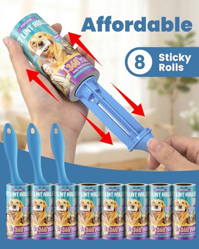 POPCHOSE Lint Rollers for Pet Hair Extra Sticky, 720 Sheet Extra Sticky Lint Rollers for Pet Hair,3 Handles & 8 Sticky Rolls,Dog Cat Hair Remover for Clothes,Furniture,Couch,Lint Roller for Clothes - size: 720 Sheets